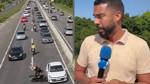 Muhabirin arkasında motosiklet otomobile çarptı, ekran başındakiler neye uğradığını şaşırdı!